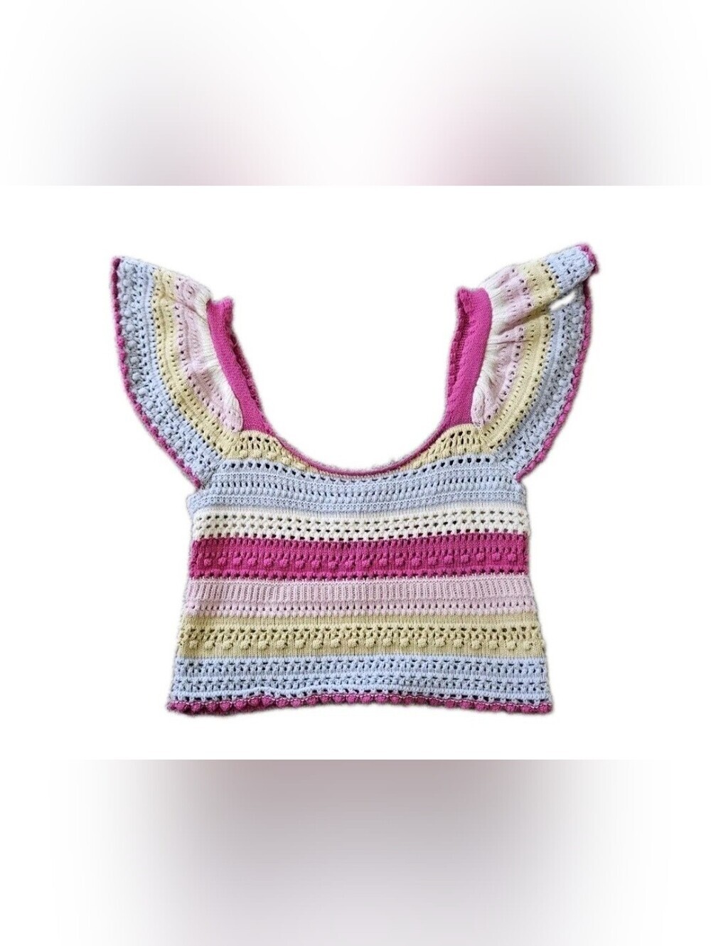 Sincerely Jules Crochet Flutter Sleeve Crop Top Size S NWOT Pastel Boho Festival